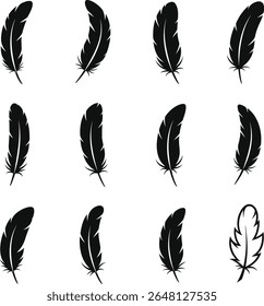 Black Feather Silhouettes Vector Set – Various Feather Shapes and Styles Icons