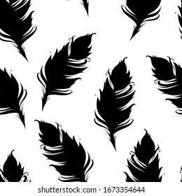 Black feather silhoutte isolated on White background. Seamless pattern. Vector illustration. 