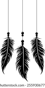 black feathers with beads hanging on a rope without background