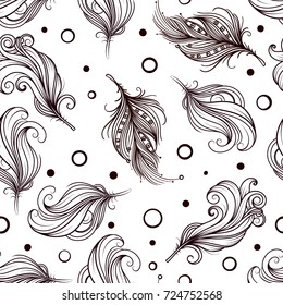 Black feathers on a white background. One color. Fine work. Seamless background. Stylized feathers of birds. Pattern. Vector. Graphic arts.