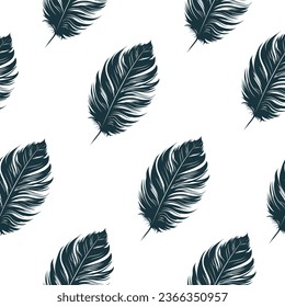 Black  feathers seamless pattern on white background. Hand drawn vector illustration in boho style for textile design, notebook covers and wallpaper.