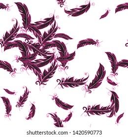 Black feathers seamless pattern. Vector illustration of feathers on white background