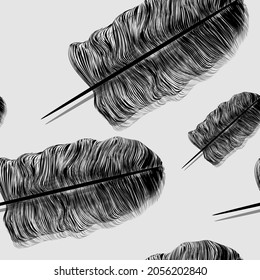 Plumas negras con sombra sobre fondo gris, papel de pared 3d, textura para diseño, patrón sin costura, ilustración vectorial