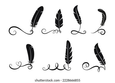 Black feathers written calligraphy elements. Isolated swirls, flourish filigree lines with feather. Vector graphic design, vintage letters tails