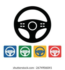 black and feature a central hub and buttons on either side of the steering wheel