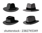 Black Fedora hat, gangster hat, men hat, trilby hat, vector illustration isolated on white background