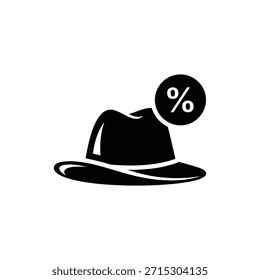 Icono negro del sombrero de Fedora con el concepto flotante de la venta del símbolo del porcentaje
