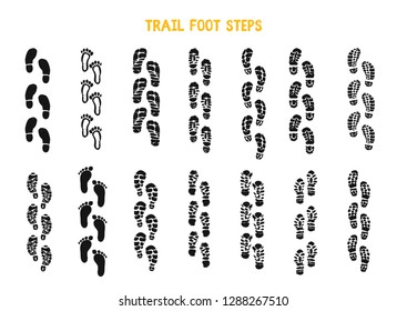 Black feet steps set on white background for print design with barefoot and shoes