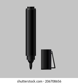 Black Felt Tip Marker With A Cap, Isolated On A Gray Background. Vector Illustration.