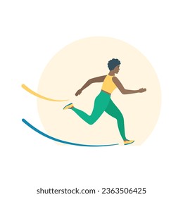 Black female athlete running a marathon race. Jogging woman in sportswear. Sport and fitness design in flat style. Rushing businesswoman in competition. Vector illustration.