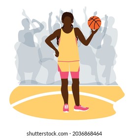 Black Female Basketball Player. African American Girl Holds A Basketball In Her Hands Stand In A Sports Woman's Uniform. Spectators In The Stands Background. Vector Illustration EPS10