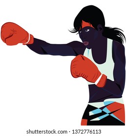 Black female boxer, strong, cute, in red boxing gloves, punch, - isolated on white background - vector