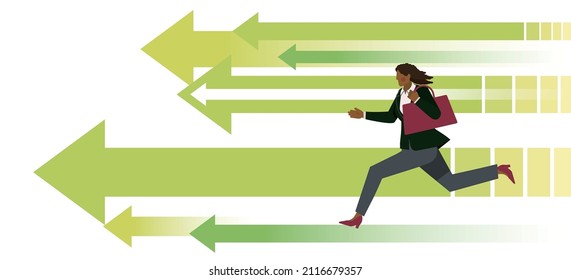 A black female businessman running in a hurry. She is an office worker's avatar. Infographics. Extending arrow background