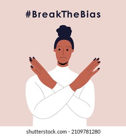 Black female cartoon character with cross arms. International women’s day. 8th march. Break The Bias campaign.  Vector illustration in flat style for web, banner, social networks. Eps 10.