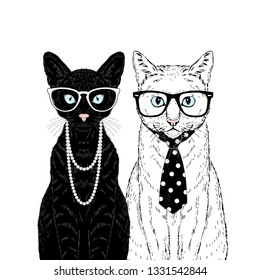 Black female cat dressed up in pearl necklace and white male cat dressed up in dotty tie. Matching cats couple. Vector hand drawn animal illustration. Funny cats poster.