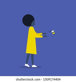 Black female Character addicted to coffee. Conceptual illustration. Zombie walk. Take away. Millennial lifestyle. Flat editable vector illustration, clip art