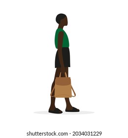 Black female character with a backpack in hand stands on a white background