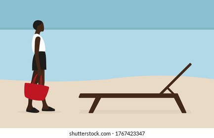 
Black female character with a big bag goes to a deck chair along the beach