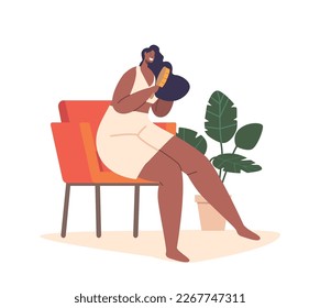 Black Female Character Brushing Hair Daily Routine. Young Woman Sitting on Armchair Comb Beautiful Hair with Brush after Having Bath or Shower. Care, Hygiene Procedure. Cartoon Vector Illustration