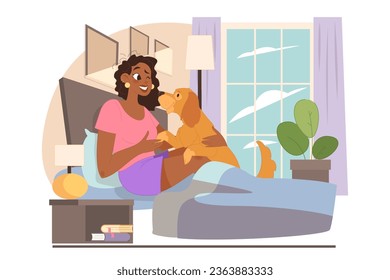 Black female character with a dog lie in the bed together. Happy woman and puppy in the morning. Friendship between animal and pet owner. Flat vector illustration