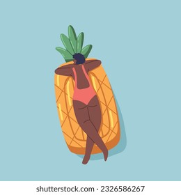 Black Female Character Floating On Inflatable Mattress In Shape Of Pineapple Enjoying Summer Time Vacation