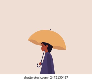 Black female character holding umbrella and walking.Side view. Vector illustration cartoon flat style