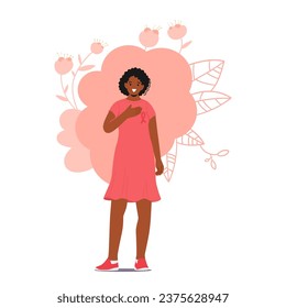 Black Female Character with Pink Ribbon and Hand on her Breast Passionately Promotes Breast Cancer Awareness, Raising Awareness About Prevention, Early Detection, And Support. Vector Illustration