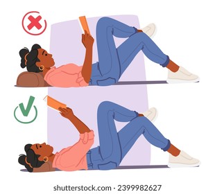 Black Female Character Reading, Lying on Pillow in Right and Wrong Postures. Improper, Slouching With Rounded Shoulders. Proper, Hands Upright front of Eyes Level, Maintaining Healthy Spine Alignment