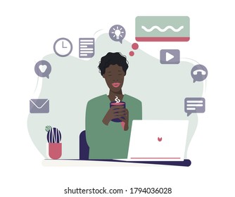 Black female character sitting at a desk, relaxing and drinking coffee or other hot drink. Busy working day. Working from home concept. Flat vector illustration. Design template elements, etc.