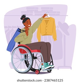 Black Female Character In A Wheelchair Gracefully Selects Stylish Clothing in Store, Her Confidence Shining. Inclusion And Accessibility Redefine Fashion Choices. Cartoon People Vector Illustration