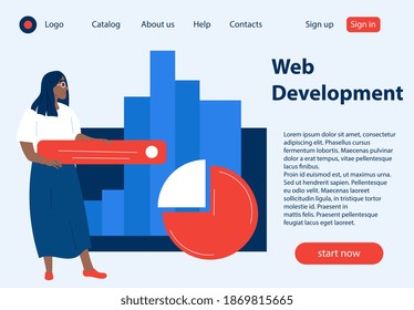 Black female character working on web development. Woman in glasses assigning design elements prototype for new website, landing page or mobile application. Web page template. Flat vector illustration