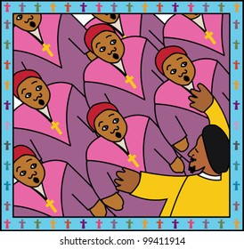 Black female choir with black male conductor