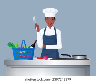 Black Female Cook, Chefkoch vor dem Counter Vorbereitung einer Vektorgrafik