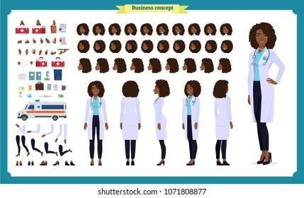 Black Female doctor character creation set with various views,Face emotions, poses, gestures.Front, side, back view animated character. Cartoon style, flat vector illustrations