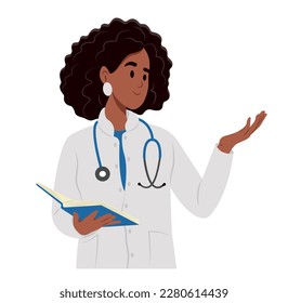 Black female doctor in medical gown. A family doctor is pointing to something while holding a notebook.