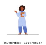 Black female doctor in medical uniform pointing and showing smth with hand. Confident African American woman medicine worker explaining and presenting something. vector flat illustration. 