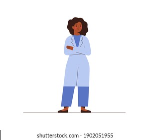 Black Female Doctor In Medical Uniform Stands Isolated On White Background. Confident African American Woman Medicine Worker Crossed Her Arms Vector Flat Illustration. 