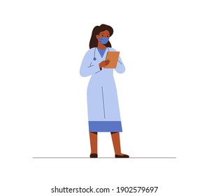 Black Female Doctor In Medical Uniform And Face Mask Holds Tablet Isolated On White Background.  African American Nurse Woman Looks In The Medical Card. Vector Flat Illustration.