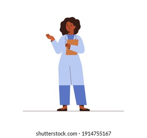 Black female doctor in medical uniform pointing and showing smth with hand. Confident African American woman medicine worker explaining and presenting something. vector flat illustration. 