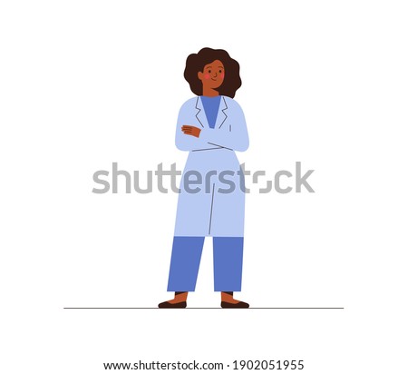 Black female doctor in medical uniform stands isolated on white background. Confident African American woman medicine worker crossed her arms vector flat illustration. 