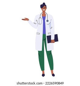 Doctora negra señalando con la mano para mostrar algo. Un doctor con estetoscopio y una carpeta presenta, demuestra. Carácter sonriente con abrigo blanco aislado sobre fondo blanco. Vector plano.