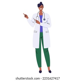Black female doctor pointing at something with two index fingers. A doctor with a stethoscope and in a white coat presents, demonstrates. Smiling character isolated on white background. Flat vector.