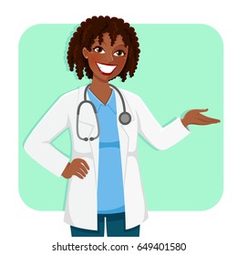 Black Female Doctor Smiling And Making A Gesture Of Presentation