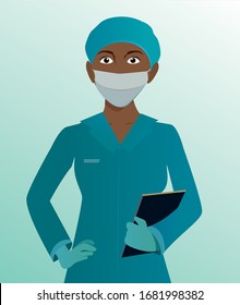 Black female doctor wearing a facemask and gloves as she holds medical papers