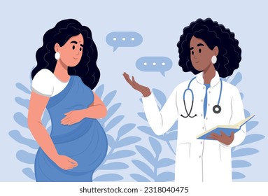 Black female doctor in white medical uniform talking about results or symptoms with Indian pregnant woman.