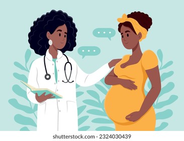 Black female doctor in white medical uniform talking about results or symptoms with african pregnant woman.