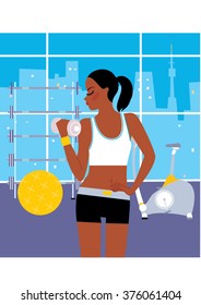 Black female doing dumbbell exercise in gym. Woman doing biceps curl. Vector illustration