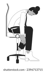 Black female employee falling asleep on office chair black and white 2D line cartoon character. Woman dozing isolated vector outline person. Workplace fatigue monochromatic flat spot illustration