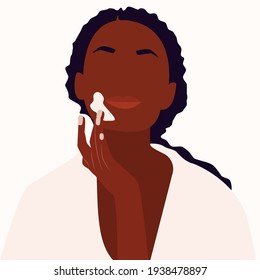 Black Female Face And Beauty Cosmetic Mask. Beautiful Afro-American Young Woman Applying Cosmetic Product. Face Mask, Skincare, Treatment, Relaxation. Vector Concept Illustration, Eps 10