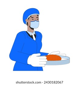 Black female food technologist 2D linear cartoon character. African american technician holding plate with raw meat isolated line vector person white background. Scientist color flat spot illustration